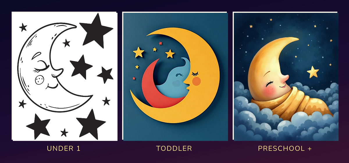 The same bedtime scene illustrated three ways: high-contrast black-and-white for babies, bold flat shapes for toddlers, and soft watercolour for preschoolers and beyond